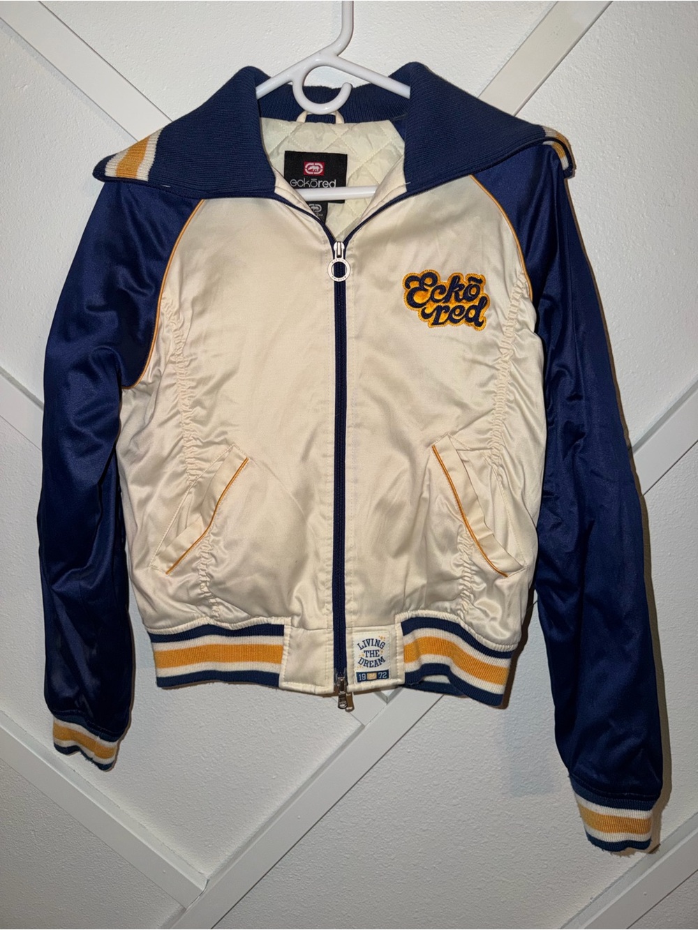Ecko Unlimited Navy and Cream Bomber Jacket with Gold Accent